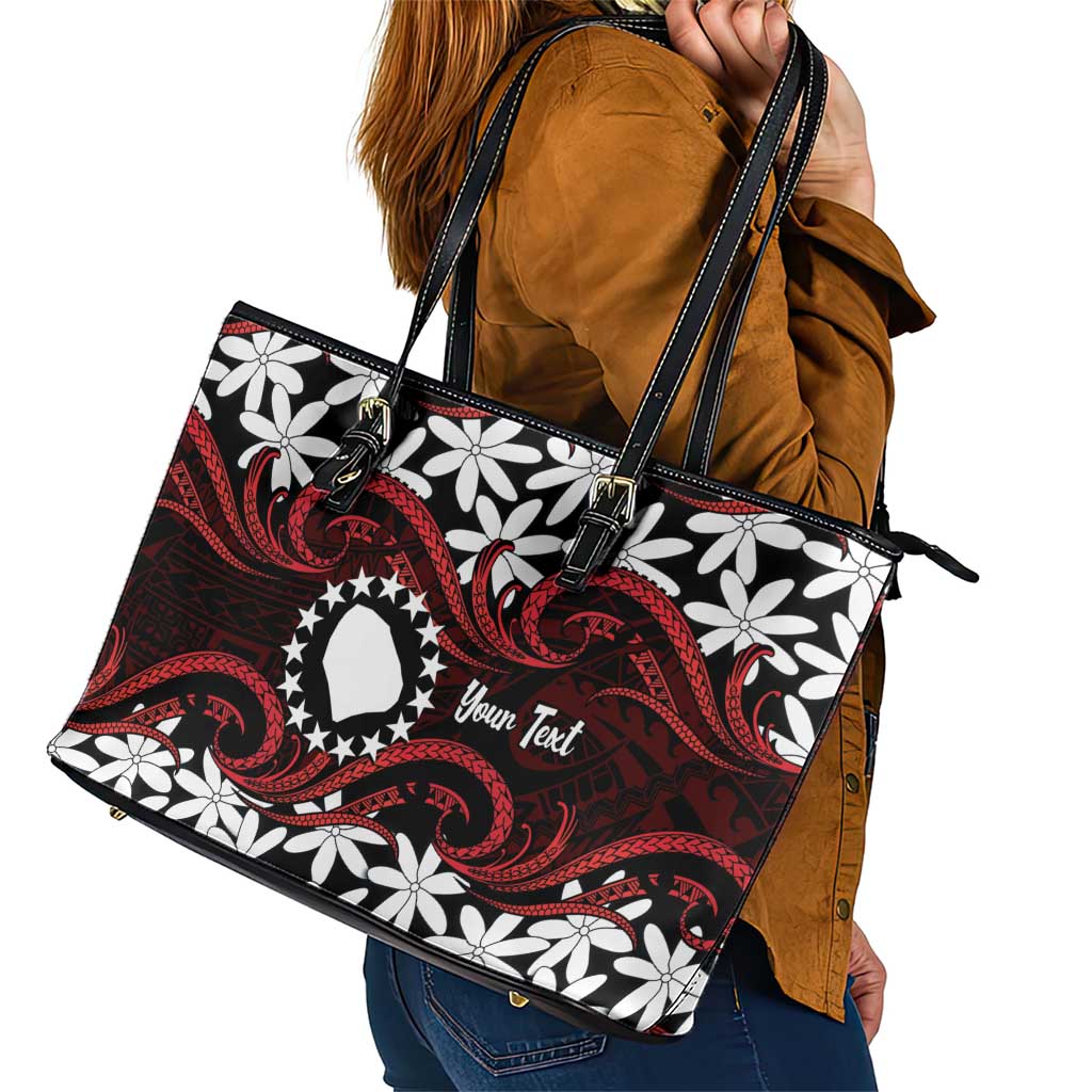 Personalised Cook Islands Atiu Enuamanu Leather Tote Bag Tiare Maori Polynesian Waves Tattoo