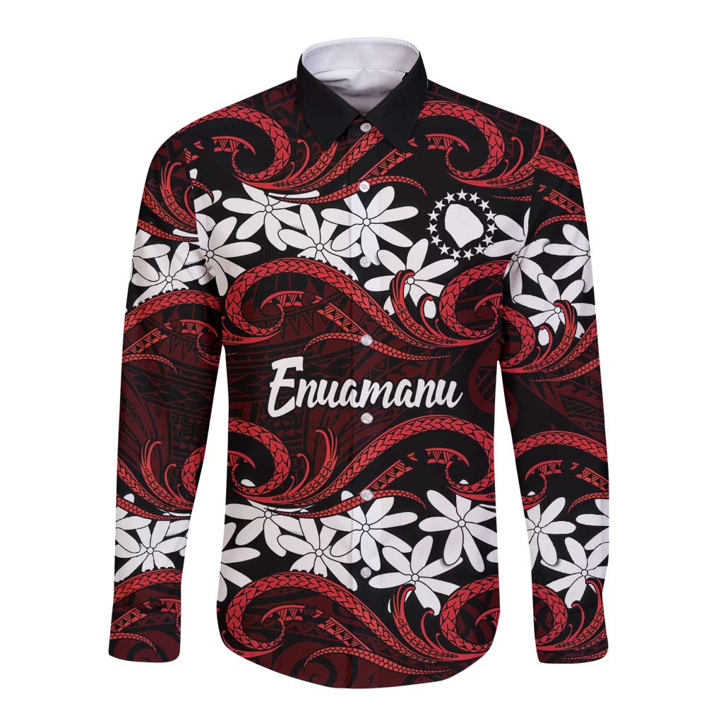 Personalised Cook Islands Atiu Enuamanu Long Sleeve Button Shirt Tiare Maori Polynesian Waves Tattoo