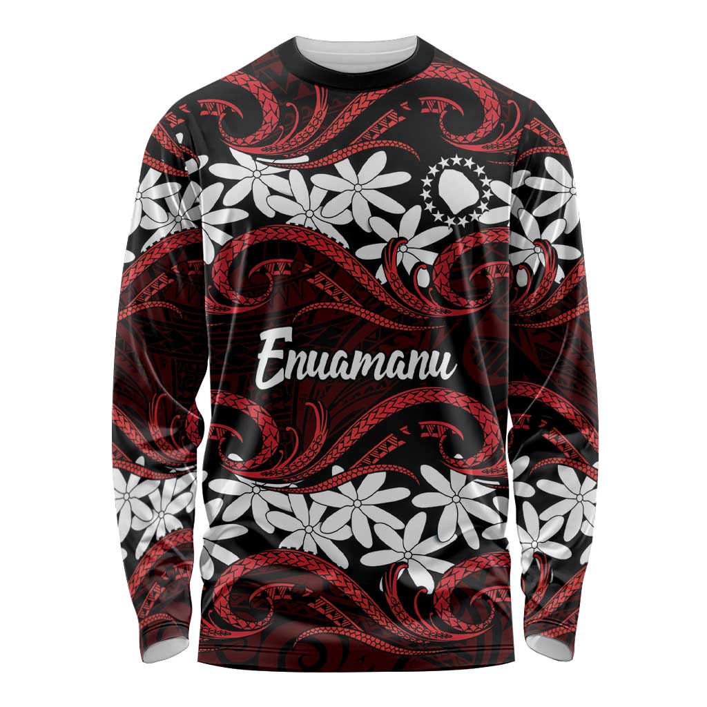 Personalised Cook Islands Atiu Enuamanu Long Sleeve Shirt Tiare Maori Polynesian Waves Tattoo
