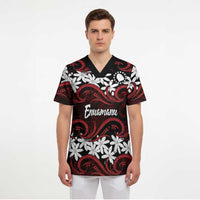 Personalised Cook Islands Atiu Enuamanu Scrub Top Tiare Maori Polynesian Waves Tattoo