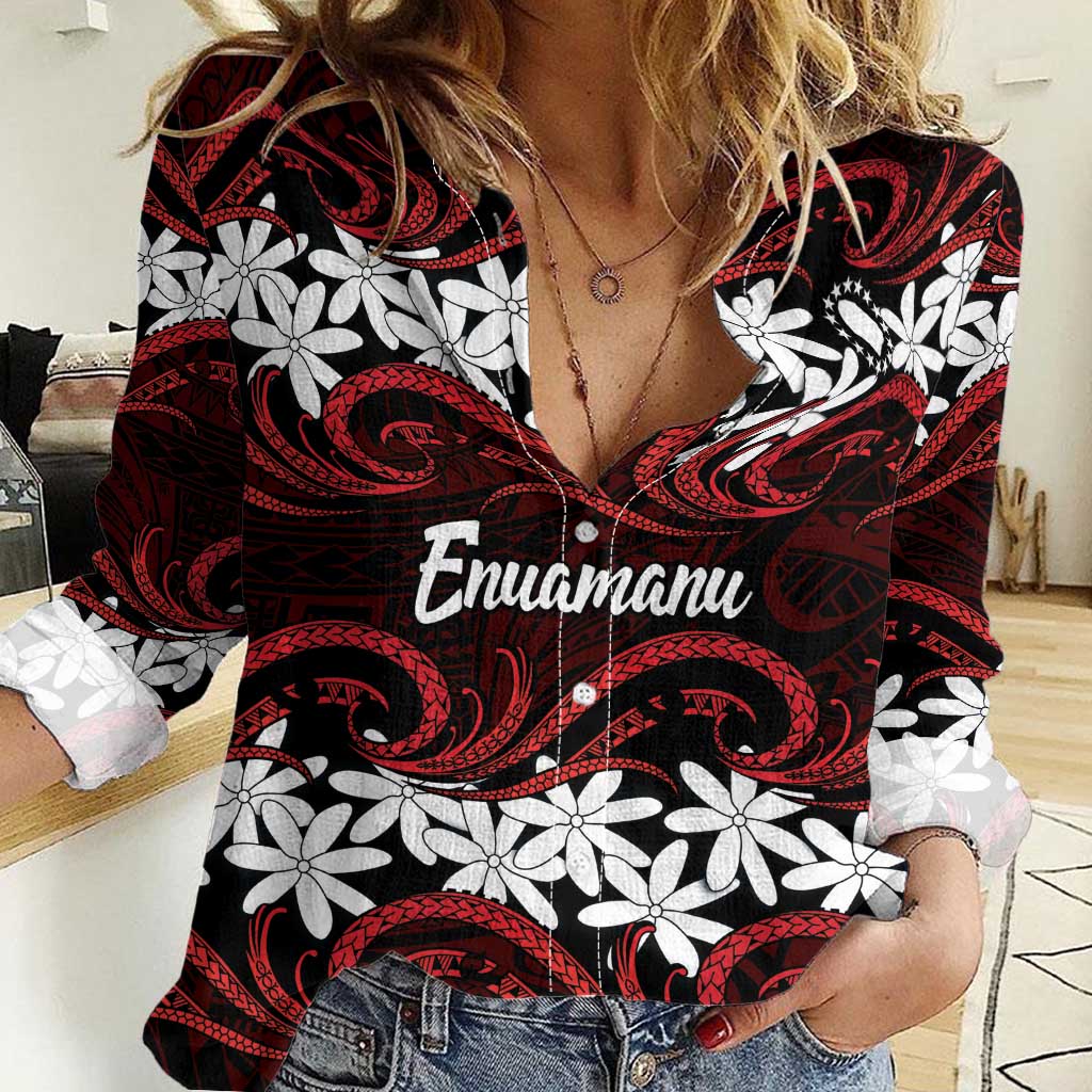 Personalised Cook Islands Atiu Enuamanu Women Casual Shirt Tiare Maori Polynesian Waves Tattoo