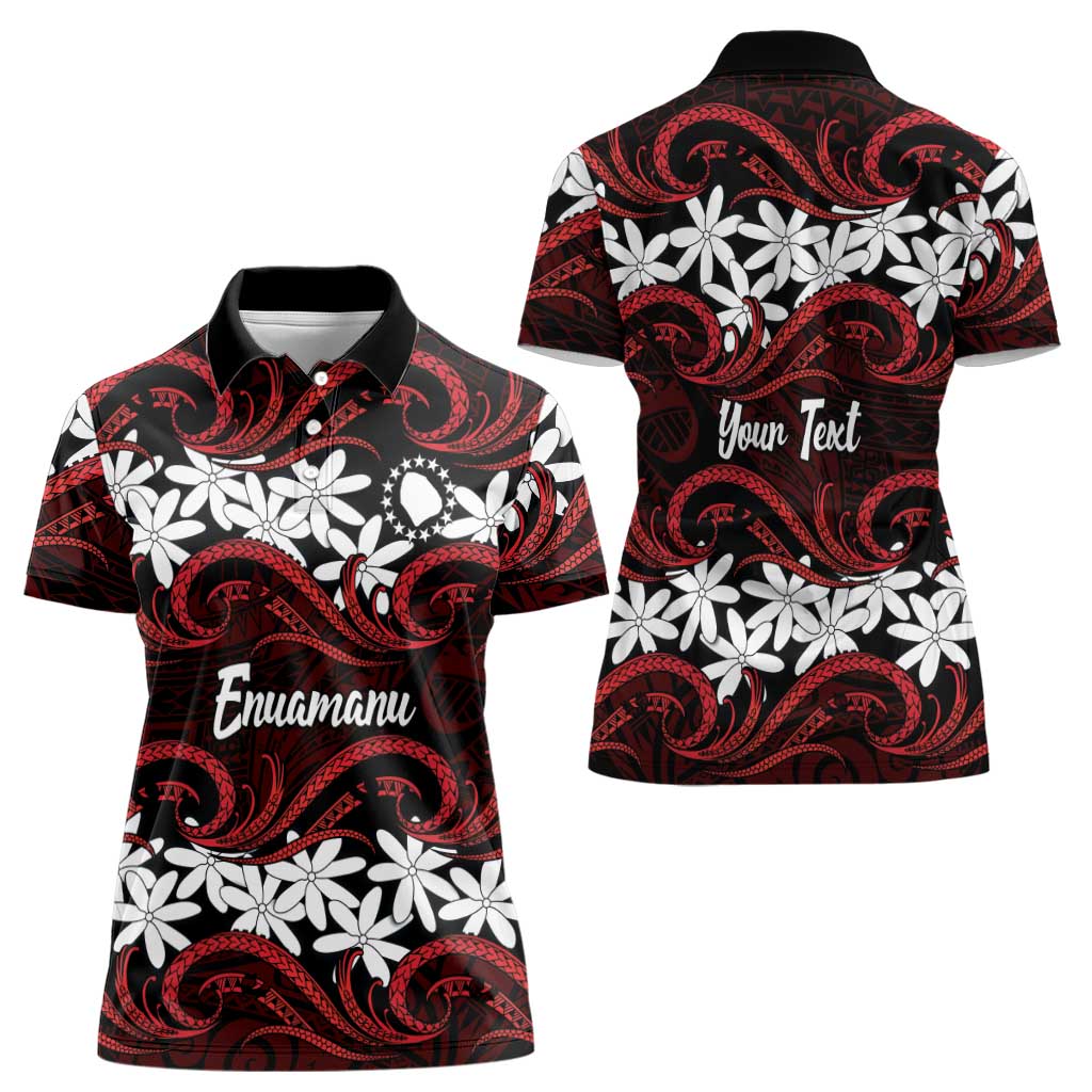 Personalised Cook Islands Atiu Enuamanu Women Polo Shirt Tiare Maori Polynesian Waves Tattoo