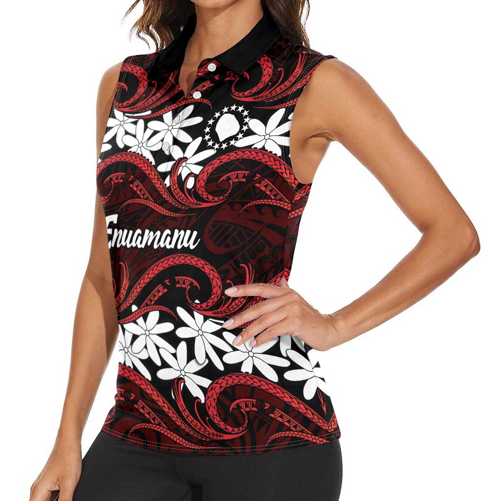 Personalised Cook Islands Atiu Enuamanu Women Sleeveless Polo Shirt Tiare Maori Polynesian Waves Tattoo LT14 - Polynesian Pride