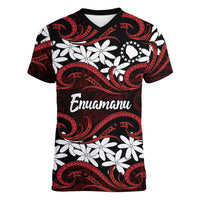 Personalised Cook Islands Atiu Enuamanu Women V-Neck T-Shirt Tiare Maori Polynesian Waves Tattoo LT14 Female Red - Polynesian Pride