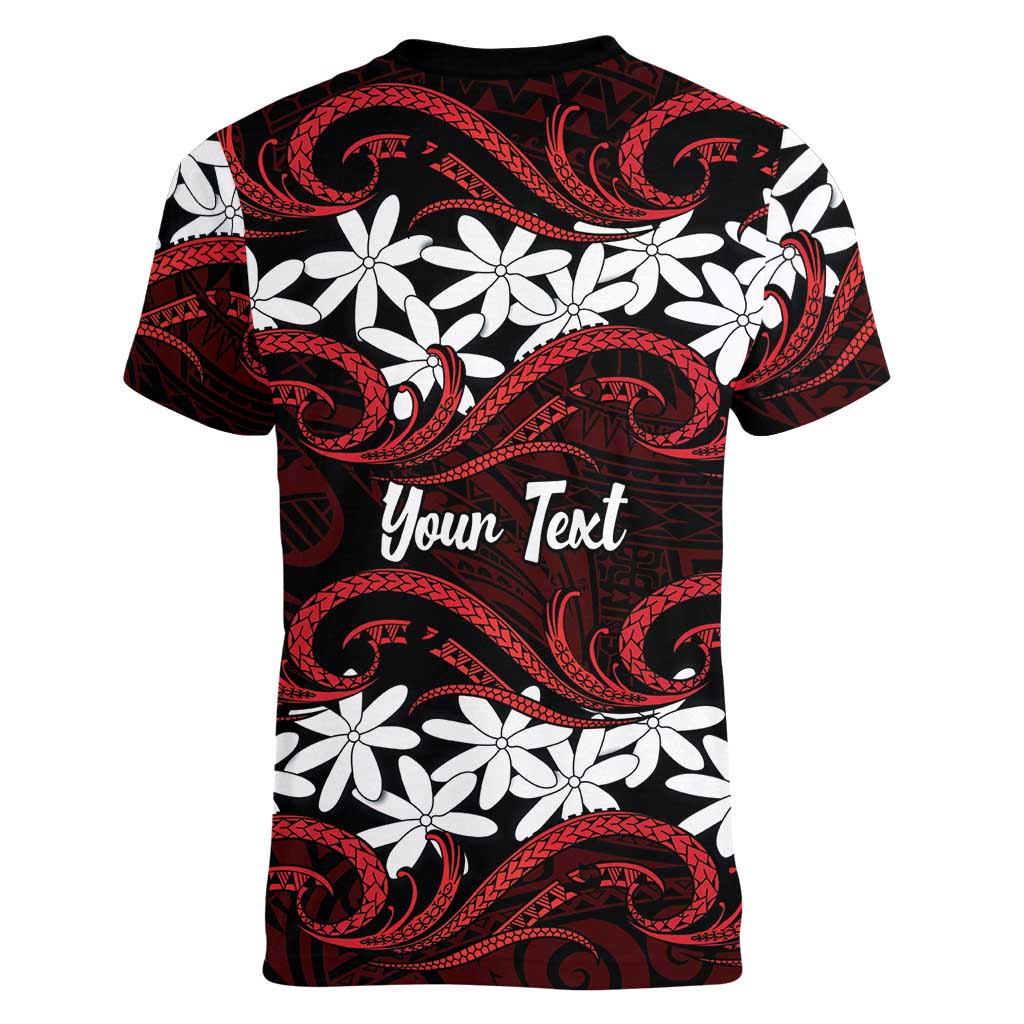 Personalised Cook Islands Atiu Enuamanu Women V-Neck T-Shirt Tiare Maori Polynesian Waves Tattoo LT14 - Polynesian Pride