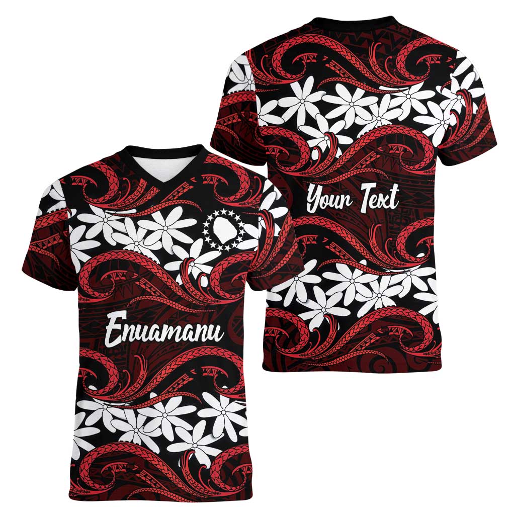 Personalised Cook Islands Atiu Enuamanu Women V-Neck T-Shirt Tiare Maori Polynesian Waves Tattoo LT14 - Polynesian Pride