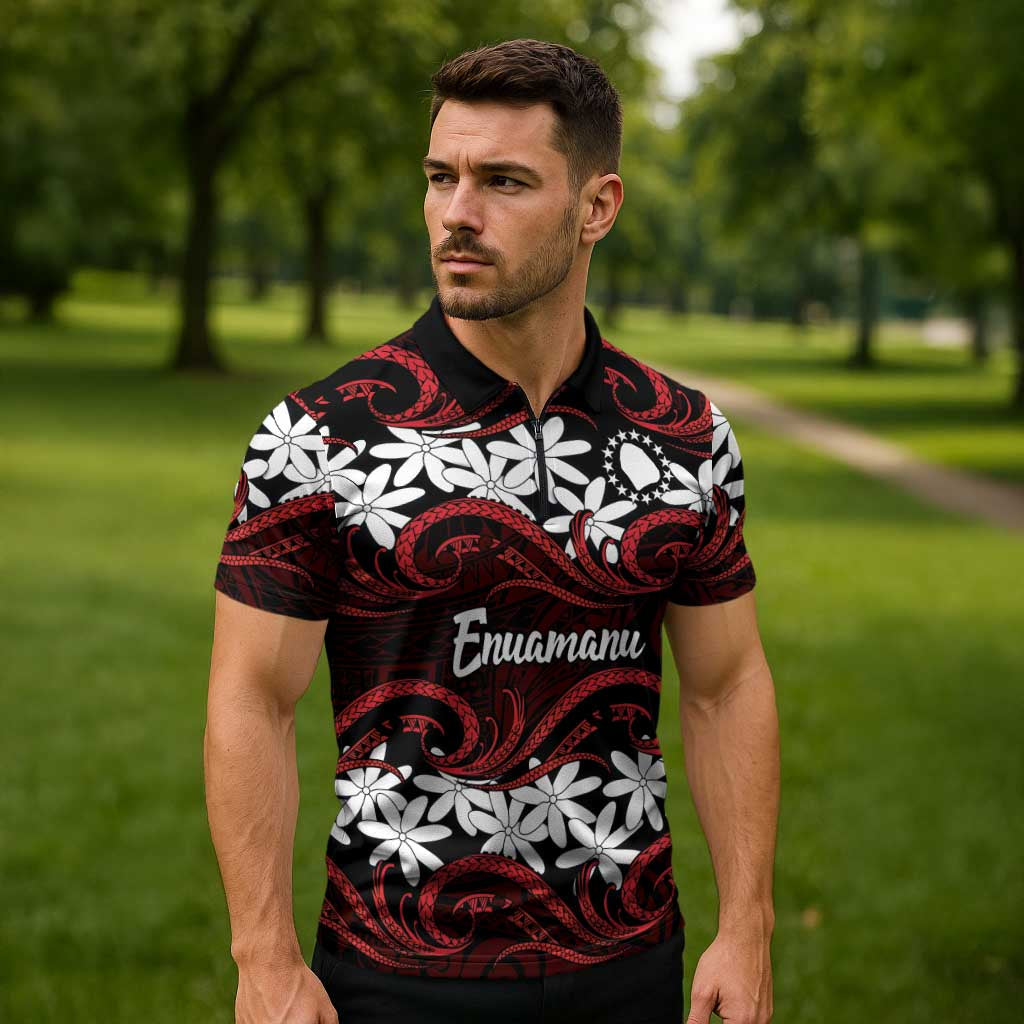 Personalised Cook Islands Atiu Enuamanu Zipper Polo Shirt Tiare Maori Polynesian Waves Tattoo