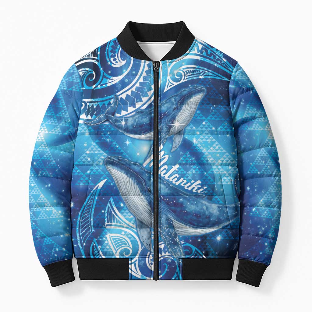 New Zealand Humpback Whale Matariki Bomber Puffer Jacket Maori New Year Taniko Niho Taniwha