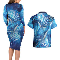 New Zealand Humpback Whale Matariki Couples Matching Long Sleeve Bodycon Dress and Hawaiian Shirt Maori New Year Taniko Niho Taniwha LT14 - Polynesian Pride