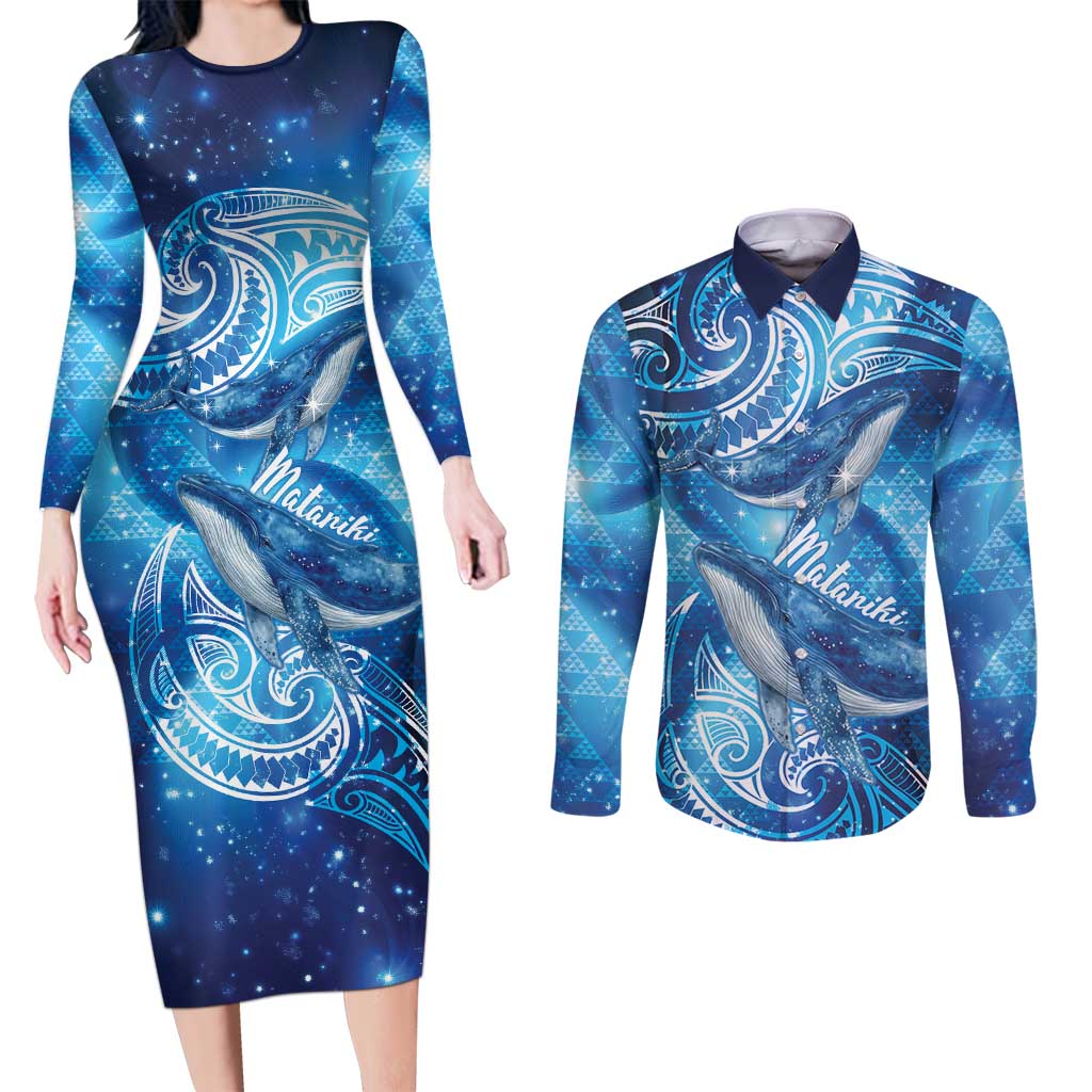 New Zealand Humpback Whale Matariki Couples Matching Long Sleeve Bodycon Dress and Long Sleeve Button Shirt Maori New Year Taniko Niho Taniwha LT14 Blue - Polynesian Pride