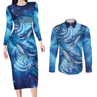 New Zealand Humpback Whale Matariki Couples Matching Long Sleeve Bodycon Dress and Long Sleeve Button Shirt Maori New Year Taniko Niho Taniwha LT14 Blue - Polynesian Pride