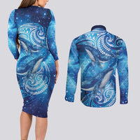 New Zealand Humpback Whale Matariki Couples Matching Long Sleeve Bodycon Dress and Long Sleeve Button Shirt Maori New Year Taniko Niho Taniwha LT14 - Polynesian Pride