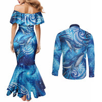 New Zealand Humpback Whale Matariki Couples Matching Mermaid Dress and Long Sleeve Button Shirt Maori New Year Taniko Niho Taniwha LT14 - Polynesian Pride