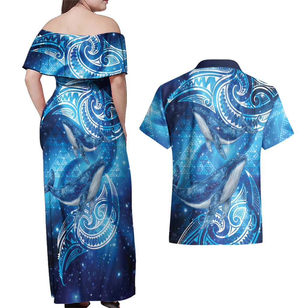 New Zealand Humpback Whale Matariki Couples Matching Off Shoulder Maxi Dress and Hawaiian Shirt Maori New Year Taniko Niho Taniwha LT14 - Polynesian Pride