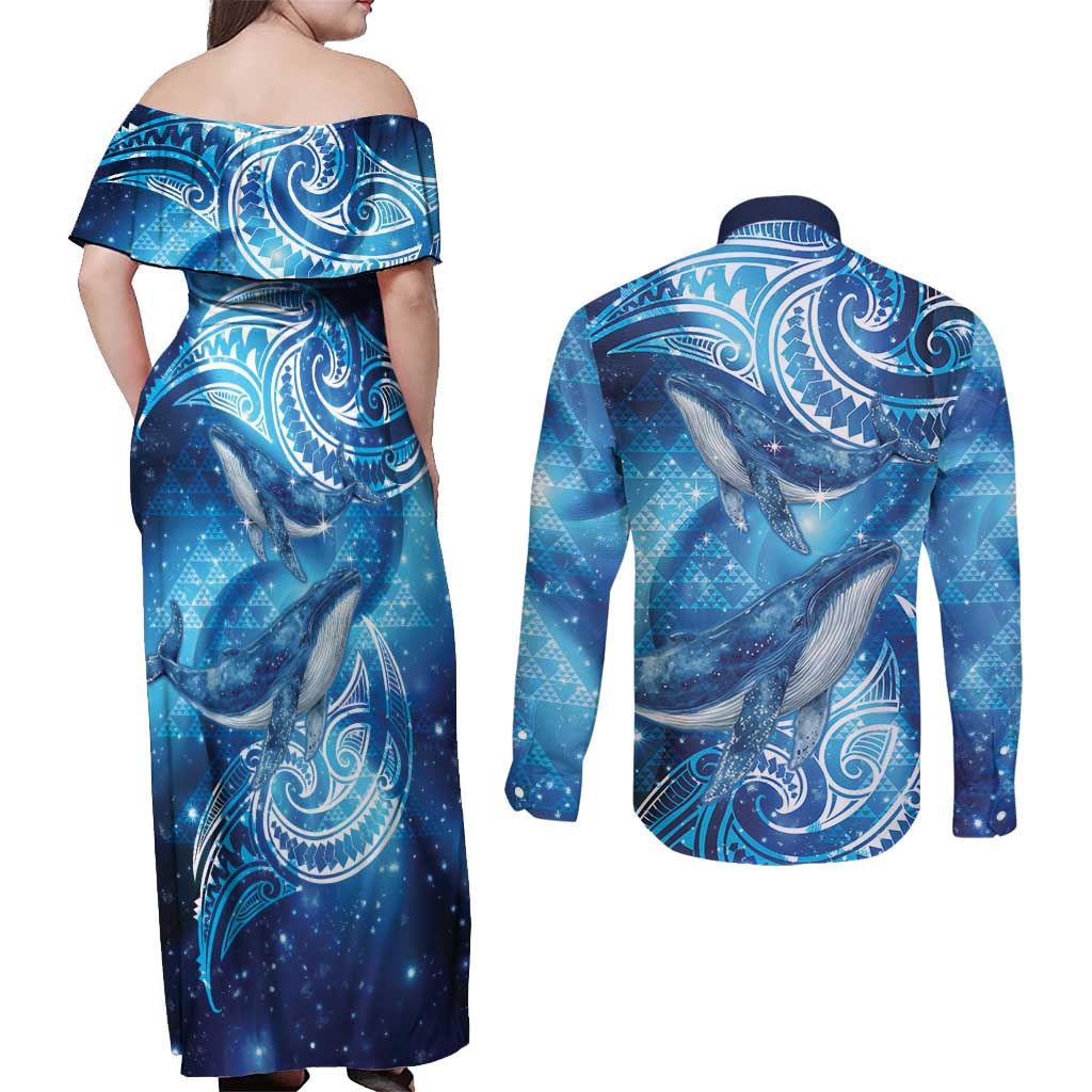 New Zealand Humpback Whale Matariki Couples Matching Off Shoulder Maxi Dress and Long Sleeve Button Shirt Maori New Year Taniko Niho Taniwha LT14 - Polynesian Pride
