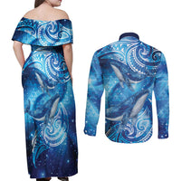 New Zealand Humpback Whale Matariki Couples Matching Off Shoulder Maxi Dress and Long Sleeve Button Shirt Maori New Year Taniko Niho Taniwha LT14 - Polynesian Pride
