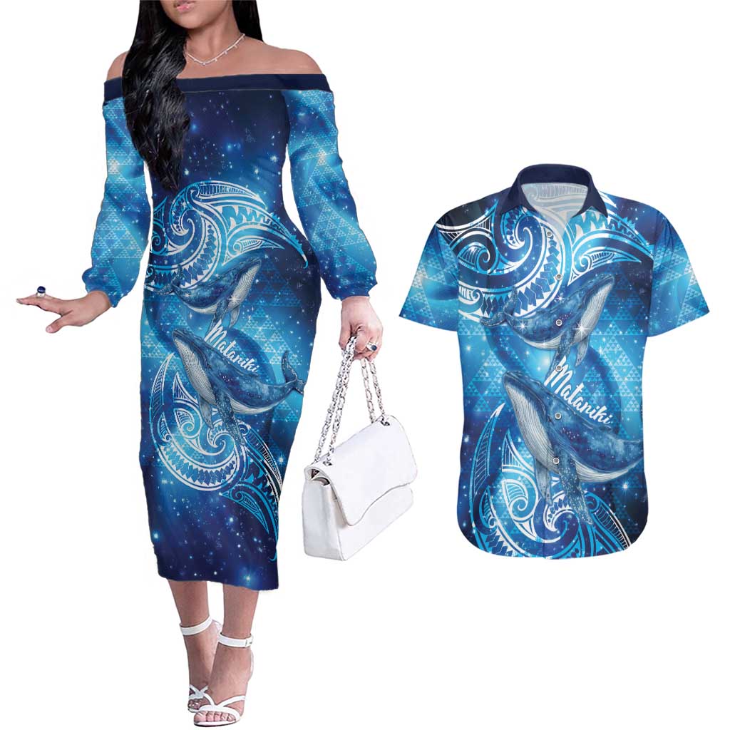 New Zealand Humpback Whale Matariki Couples Matching Off The Shoulder Long Sleeve Dress and Hawaiian Shirt Maori New Year Taniko Niho Taniwha LT14 Blue - Polynesian Pride