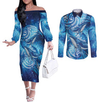 New Zealand Humpback Whale Matariki Couples Matching Off The Shoulder Long Sleeve Dress and Long Sleeve Button Shirt Maori New Year Taniko Niho Taniwha LT14 Blue - Polynesian Pride