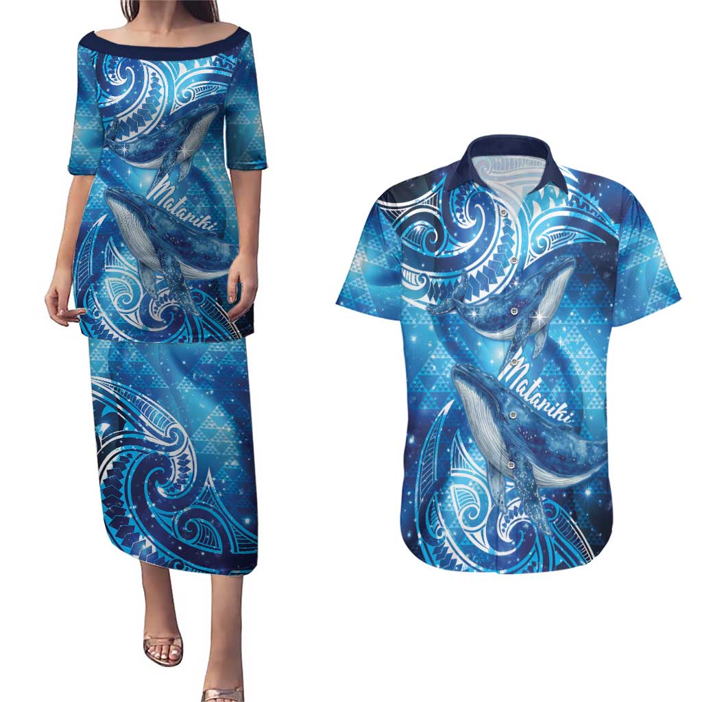 New Zealand Humpback Whale Matariki Couples Matching Puletasi and Hawaiian Shirt Maori New Year Taniko Niho Taniwha LT14 Blue - Polynesian Pride