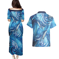 New Zealand Humpback Whale Matariki Couples Matching Puletasi and Hawaiian Shirt Maori New Year Taniko Niho Taniwha LT14 - Polynesian Pride