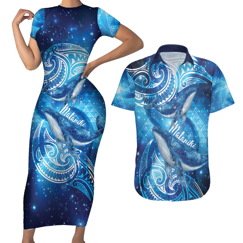 New Zealand Humpback Whale Matariki Couples Matching Short Sleeve Bodycon Dress and Hawaiian Shirt Maori New Year Taniko Niho Taniwha LT14 Blue - Polynesian Pride