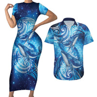 New Zealand Humpback Whale Matariki Couples Matching Short Sleeve Bodycon Dress and Hawaiian Shirt Maori New Year Taniko Niho Taniwha LT14 Blue - Polynesian Pride