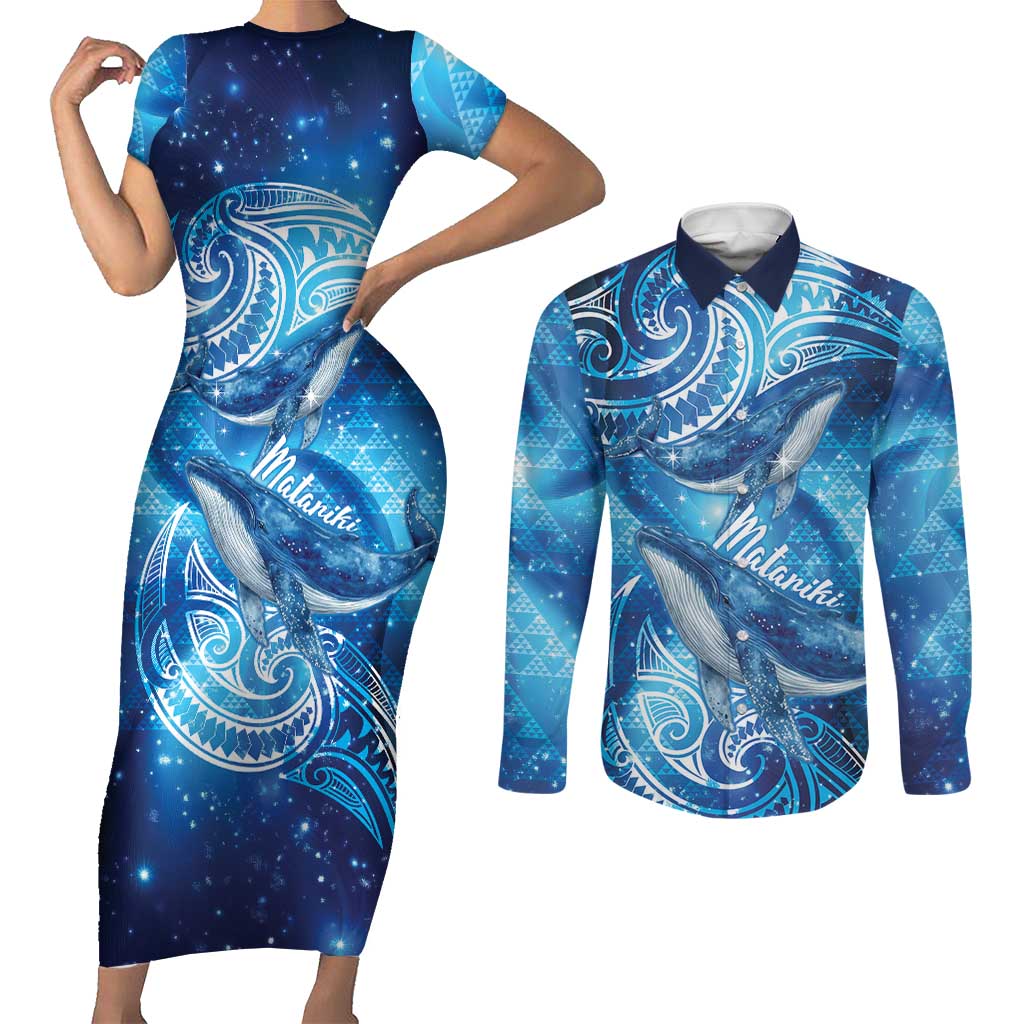 New Zealand Humpback Whale Matariki Couples Matching Short Sleeve Bodycon Dress and Long Sleeve Button Shirt Maori New Year Taniko Niho Taniwha LT14 Blue - Polynesian Pride