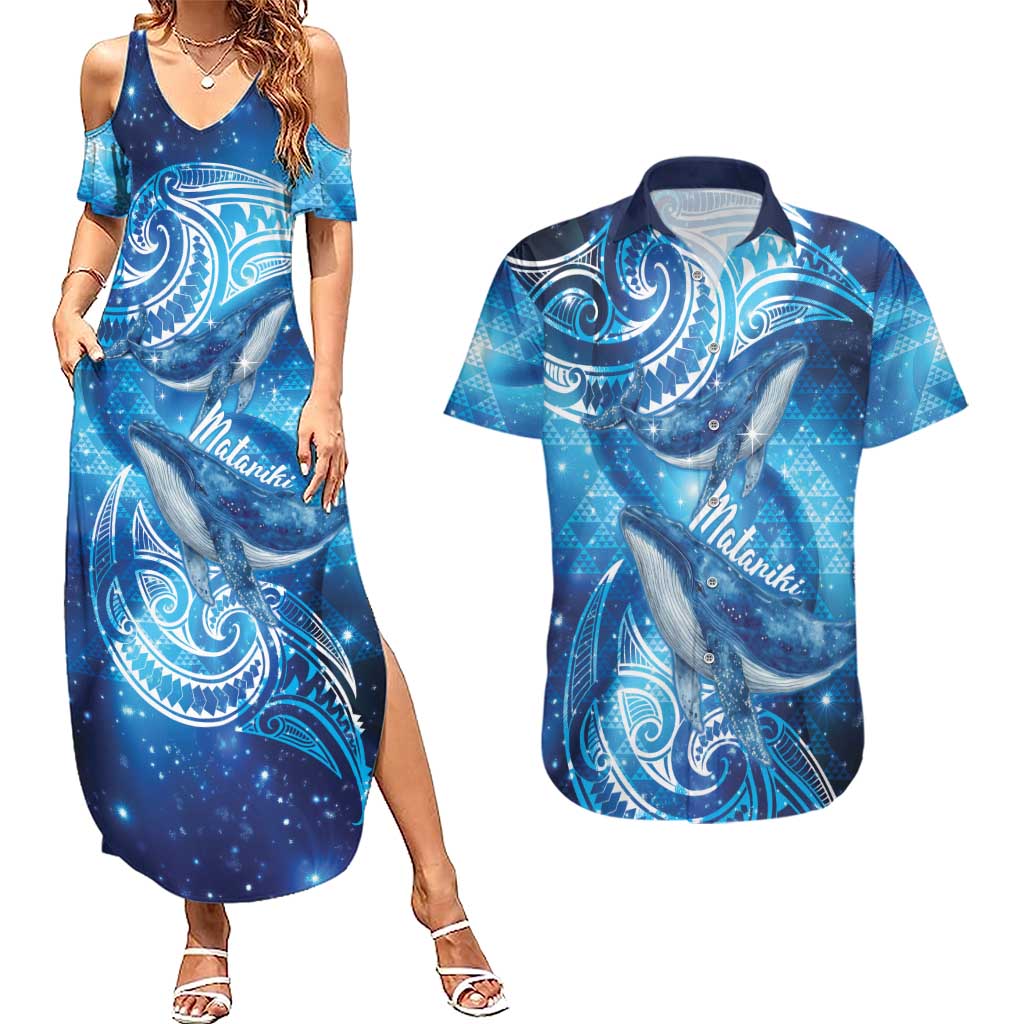 New Zealand Humpback Whale Matariki Couples Matching Summer Maxi Dress and Hawaiian Shirt Maori New Year Taniko Niho Taniwha LT14 Blue - Polynesian Pride