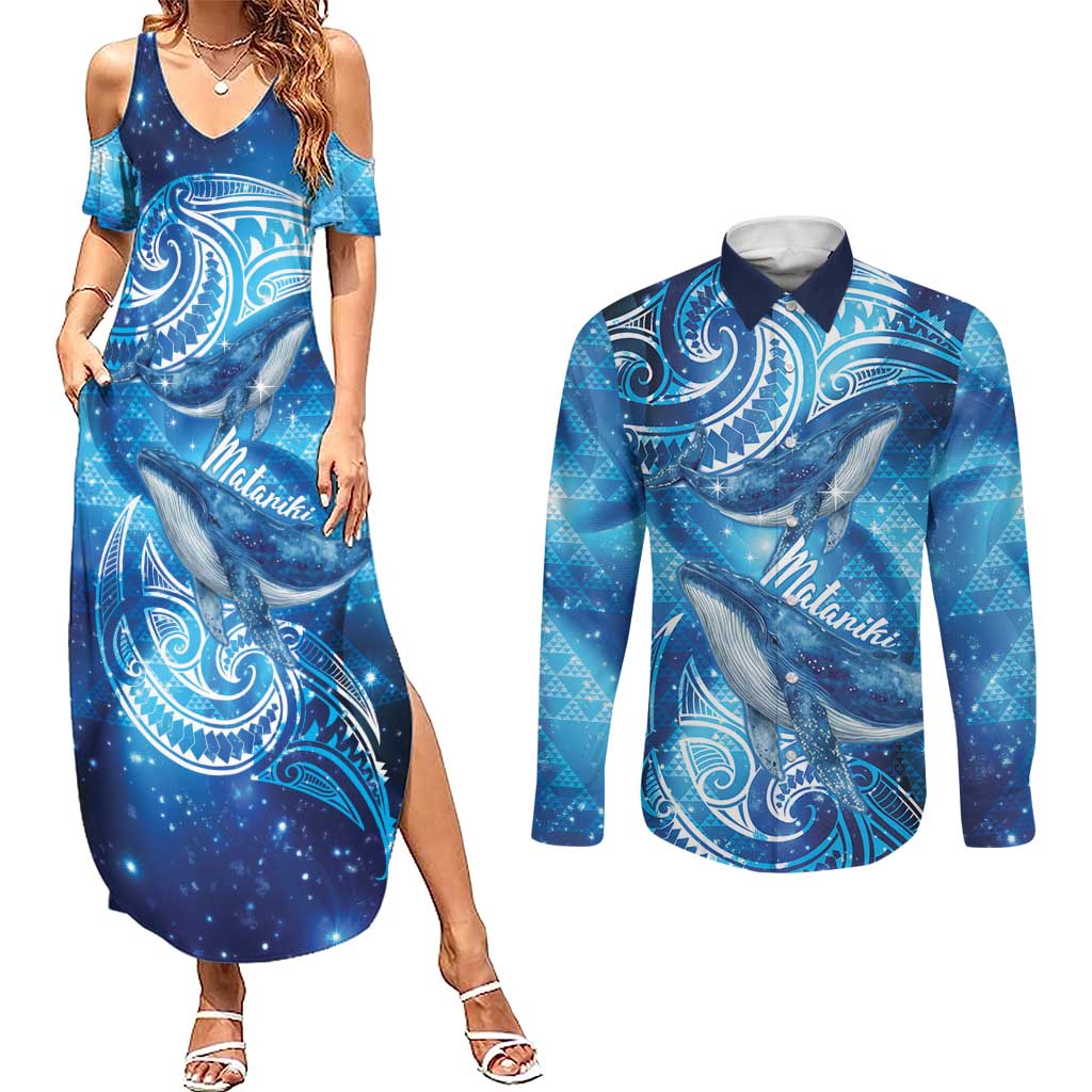 New Zealand Humpback Whale Matariki Couples Matching Summer Maxi Dress and Long Sleeve Button Shirt Maori New Year Taniko Niho Taniwha LT14 Blue - Polynesian Pride