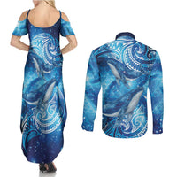 New Zealand Humpback Whale Matariki Couples Matching Summer Maxi Dress and Long Sleeve Button Shirt Maori New Year Taniko Niho Taniwha LT14 - Polynesian Pride