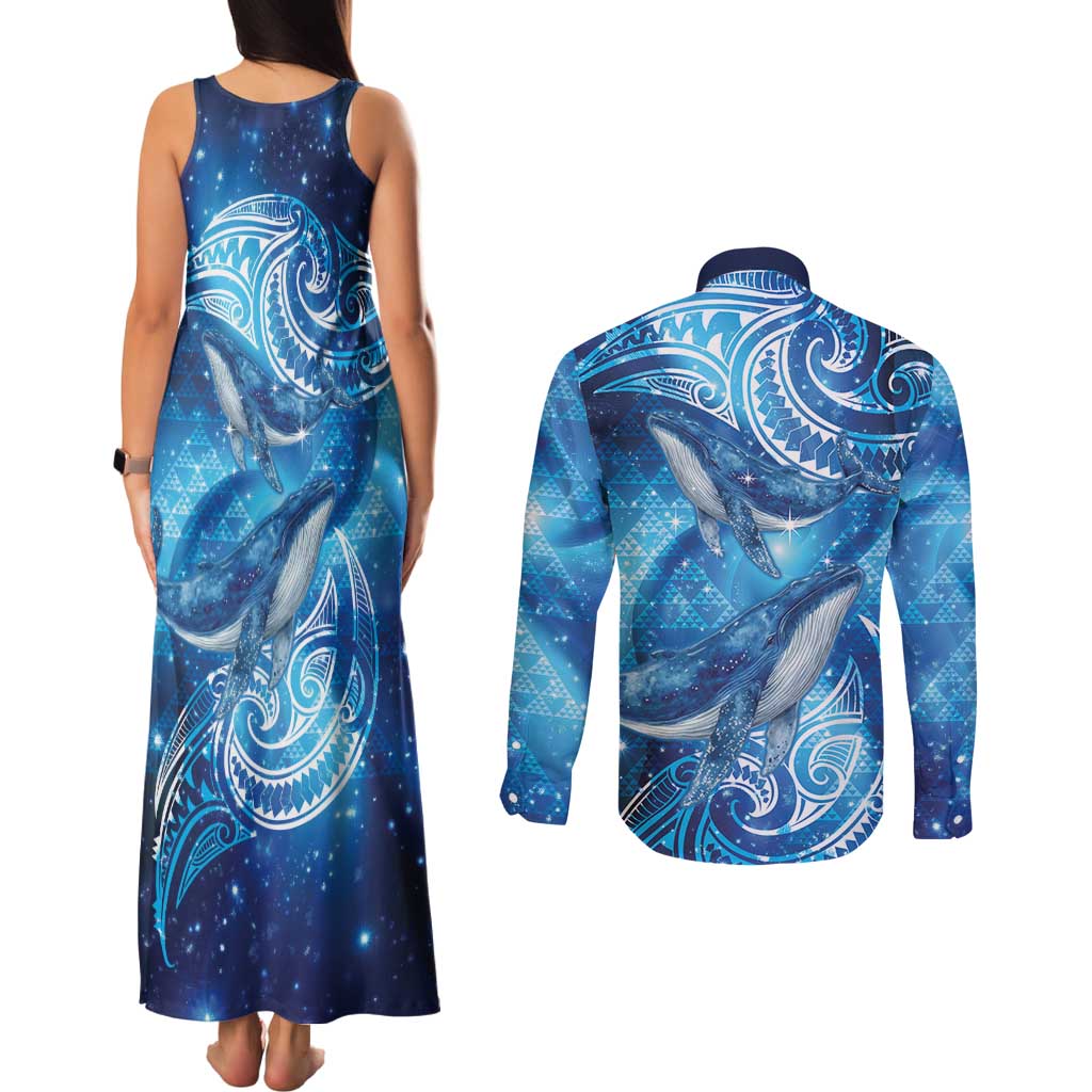 New Zealand Humpback Whale Matariki Couples Matching Tank Maxi Dress and Long Sleeve Button Shirt Maori New Year Taniko Niho Taniwha LT14 - Polynesian Pride