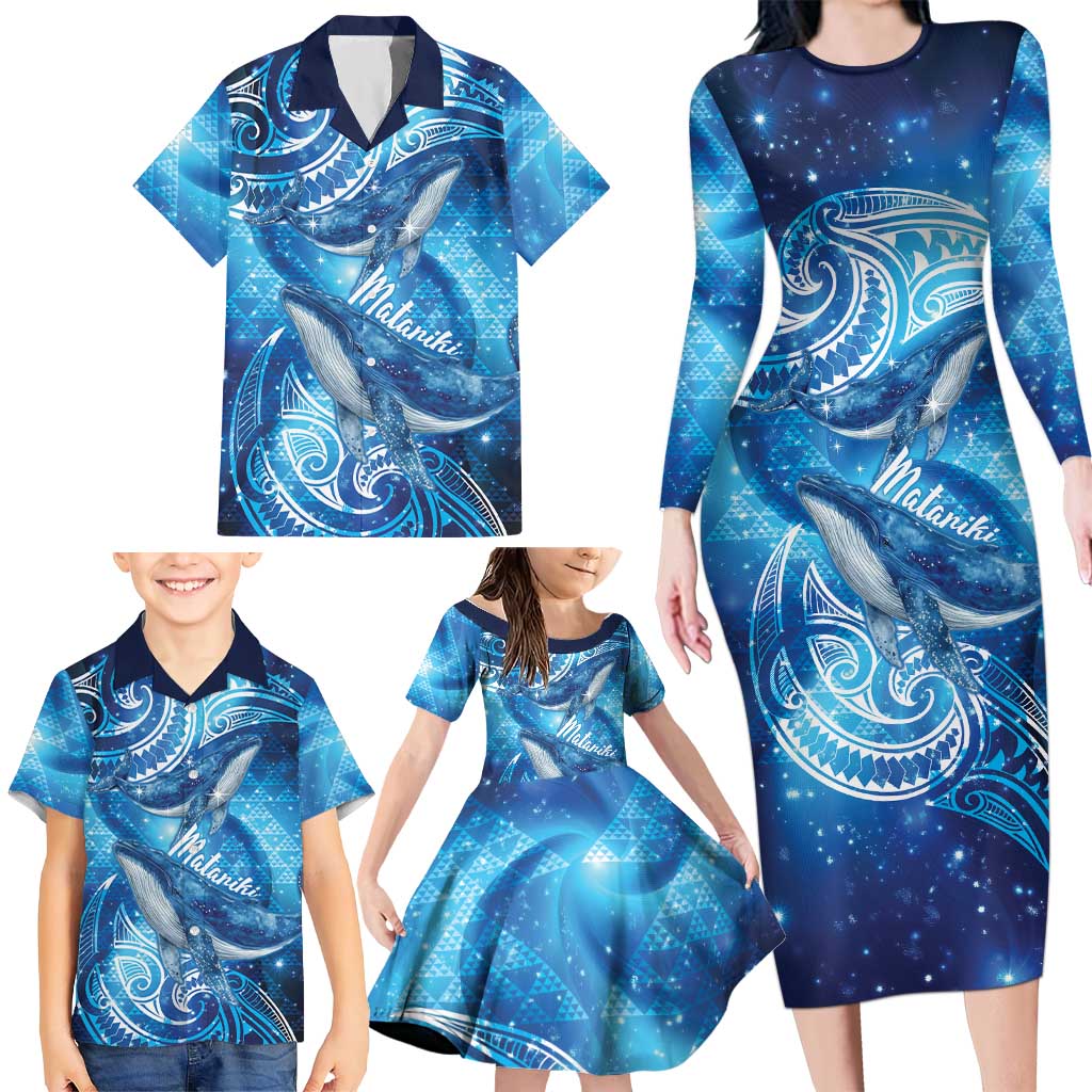 New Zealand Humpback Whale Matariki Family Matching Long Sleeve Bodycon Dress and Hawaiian Shirt Maori New Year Taniko Niho Taniwha