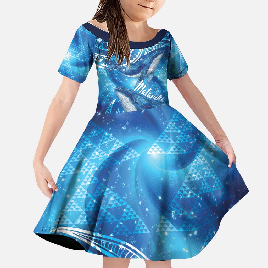 New Zealand Humpback Whale Matariki Family Matching Off The Shoulder Long Sleeve Dress and Hawaiian Shirt Maori New Year Taniko Niho Taniwha LT14 Daughter's Dress Blue - Polynesian Pride