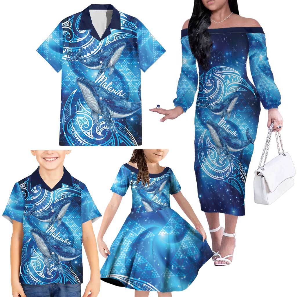 New Zealand Humpback Whale Matariki Family Matching Off The Shoulder Long Sleeve Dress and Hawaiian Shirt Maori New Year Taniko Niho Taniwha LT14 - Polynesian Pride