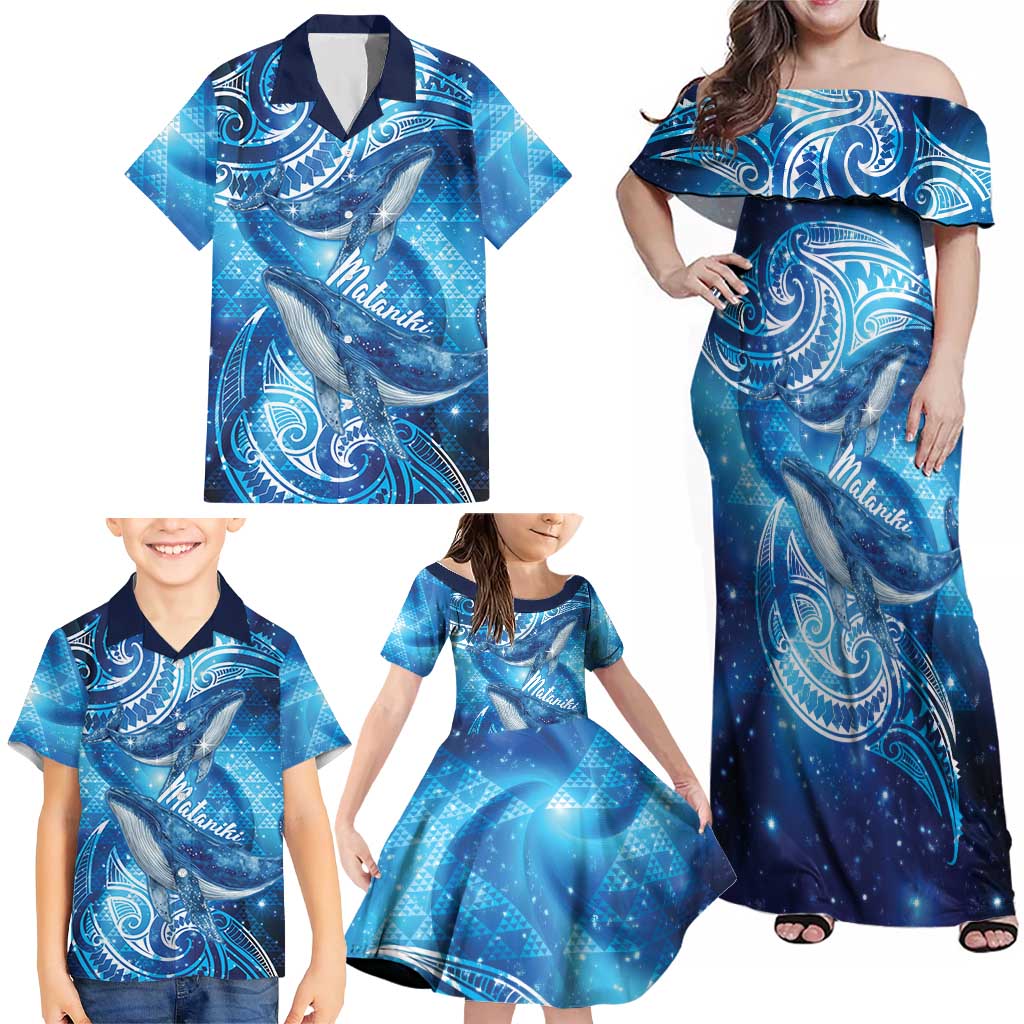 New Zealand Humpback Whale Matariki Family Matching Off Shoulder Maxi Dress and Hawaiian Shirt Maori New Year Taniko Niho Taniwha LT14 - Polynesian Pride