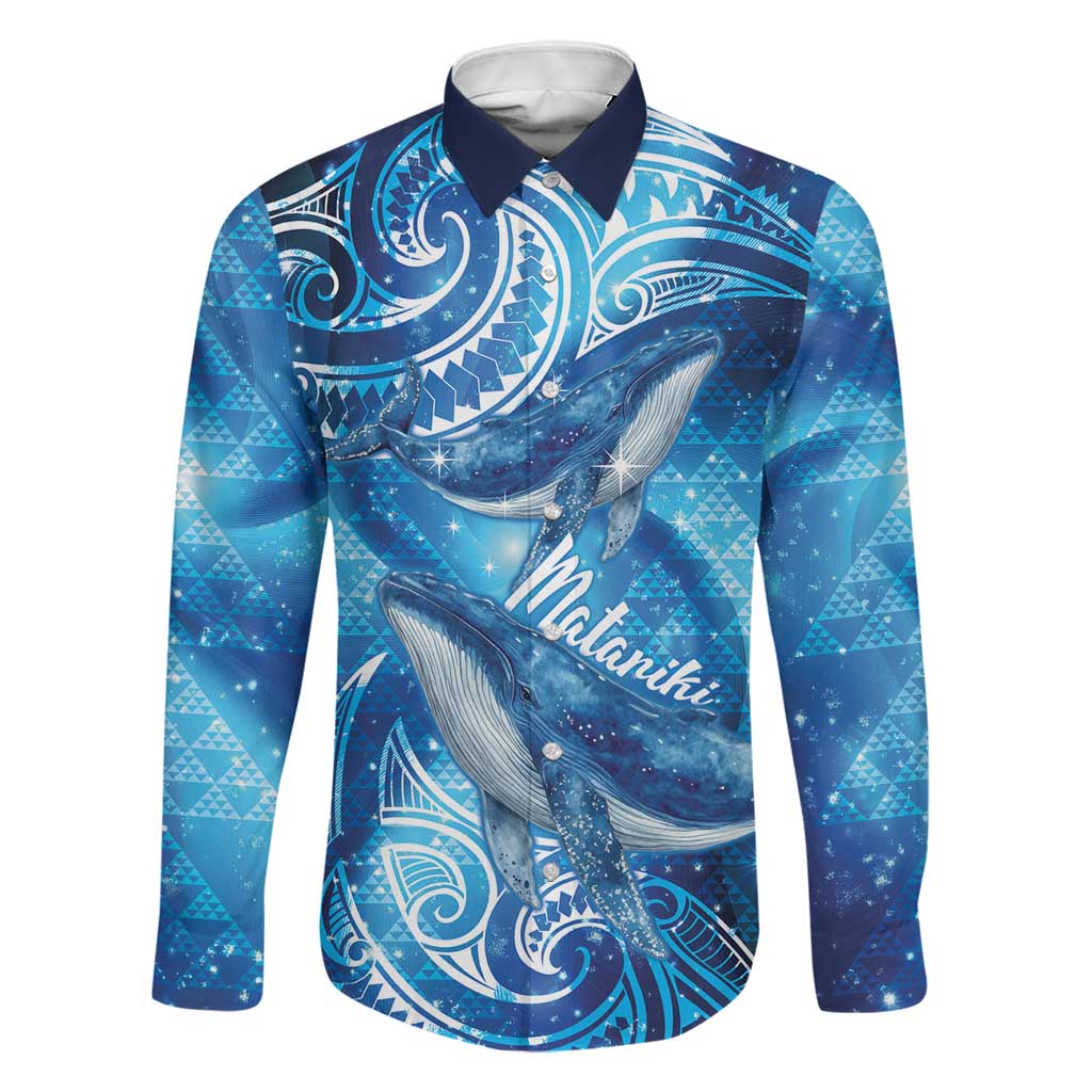 New Zealand Humpback Whale Matariki Family Matching Off Shoulder Maxi Dress and Hawaiian Shirt Maori New Year Taniko Niho Taniwha LT14 Dad's Shirt - Long Sleeve Blue - Polynesian Pride