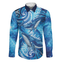 New Zealand Humpback Whale Matariki Family Matching Off Shoulder Maxi Dress and Hawaiian Shirt Maori New Year Taniko Niho Taniwha LT14 Dad's Shirt - Long Sleeve Blue - Polynesian Pride