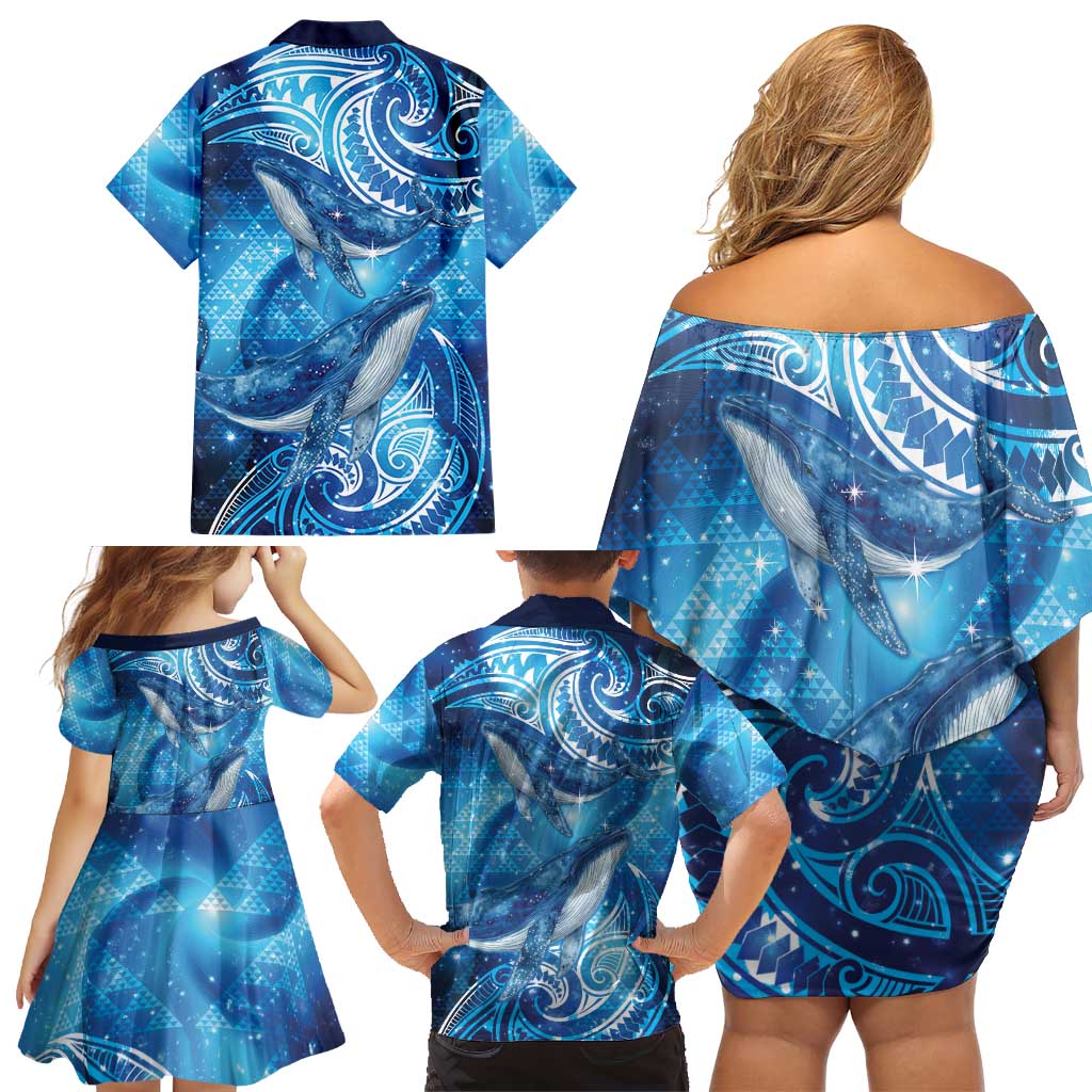 New Zealand Humpback Whale Matariki Family Matching Off Shoulder Short Dress and Hawaiian Shirt Maori New Year Taniko Niho Taniwha LT14 - Polynesian Pride