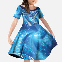 New Zealand Humpback Whale Matariki Family Matching Puletasi and Hawaiian Shirt Maori New Year Taniko Niho Taniwha LT14 Daughter's Dress Blue - Polynesian Pride