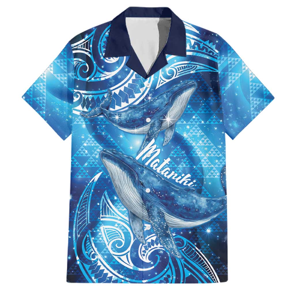 New Zealand Humpback Whale Matariki Family Matching Short Sleeve Bodycon Dress and Hawaiian Shirt Maori New Year Taniko Niho Taniwha LT14 Dad's Shirt - Short Sleeve Blue - Polynesian Pride