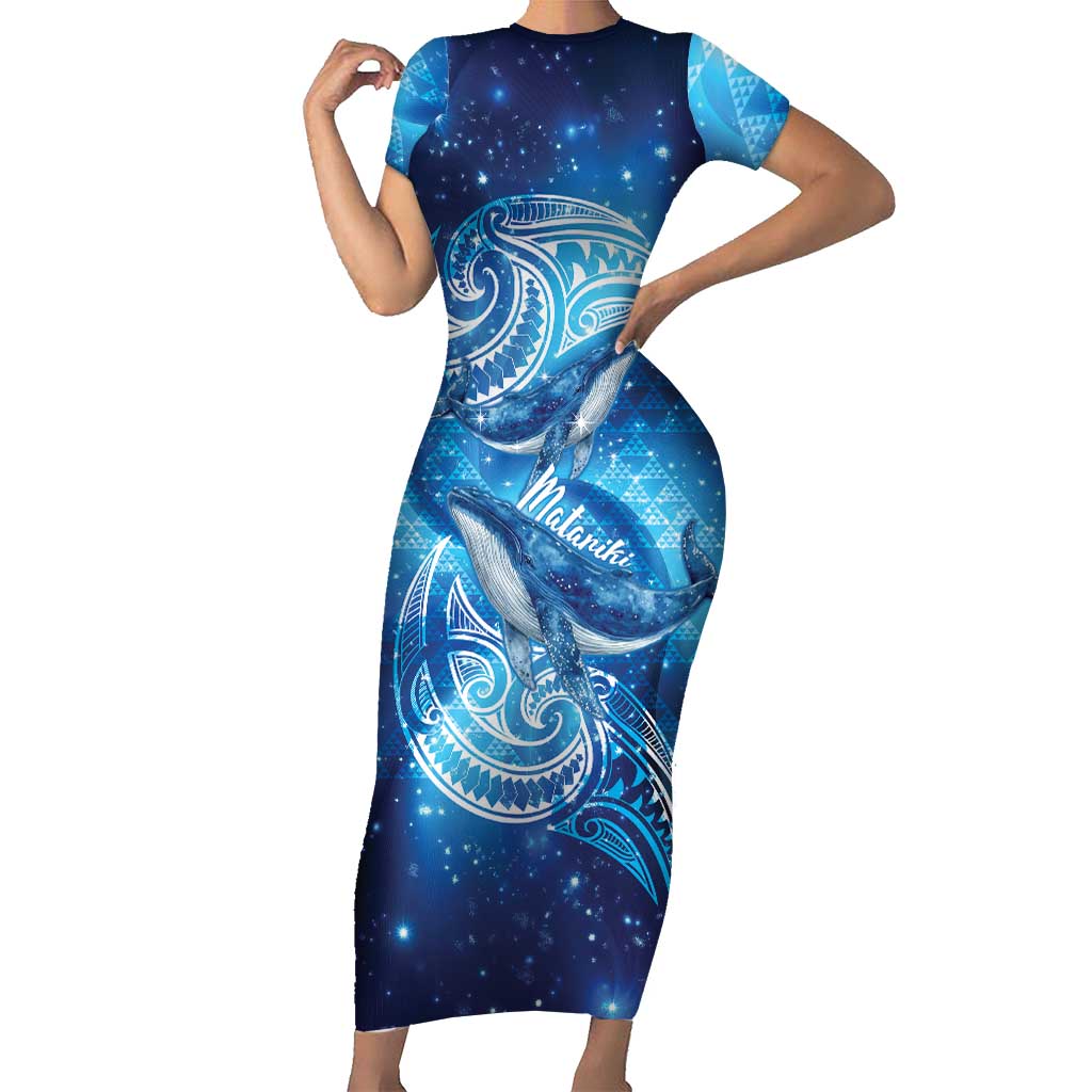New Zealand Humpback Whale Matariki Family Matching Short Sleeve Bodycon Dress and Hawaiian Shirt Maori New Year Taniko Niho Taniwha LT14 Mom's Dress Blue - Polynesian Pride