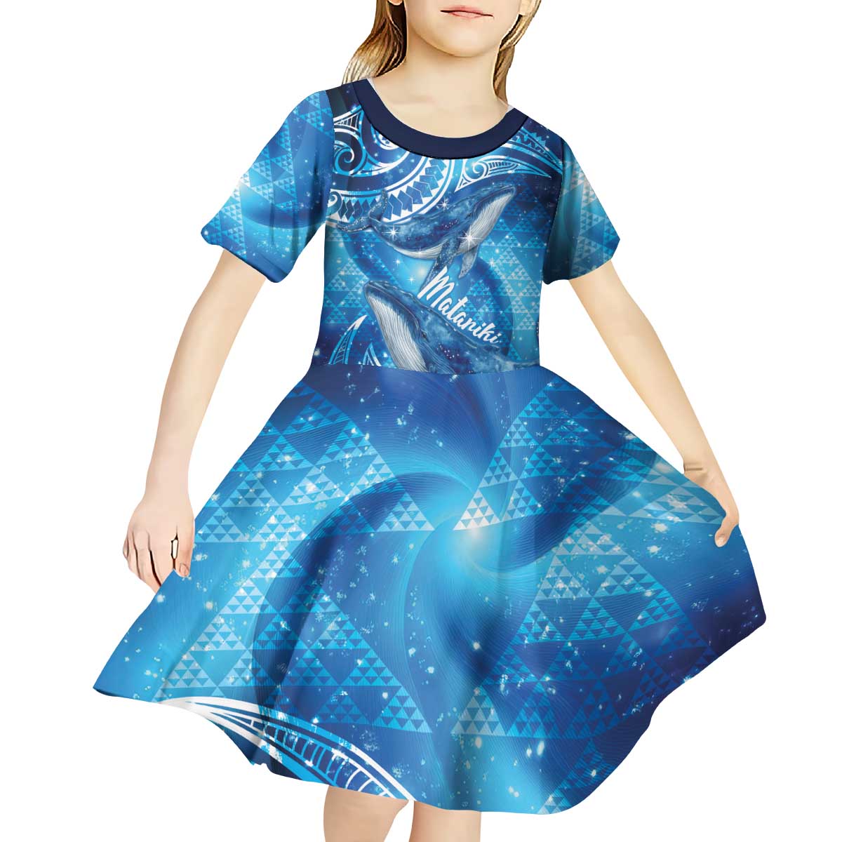 New Zealand Humpback Whale Matariki Kid Short Sleeve Dress Maori New Year Taniko Niho Taniwha