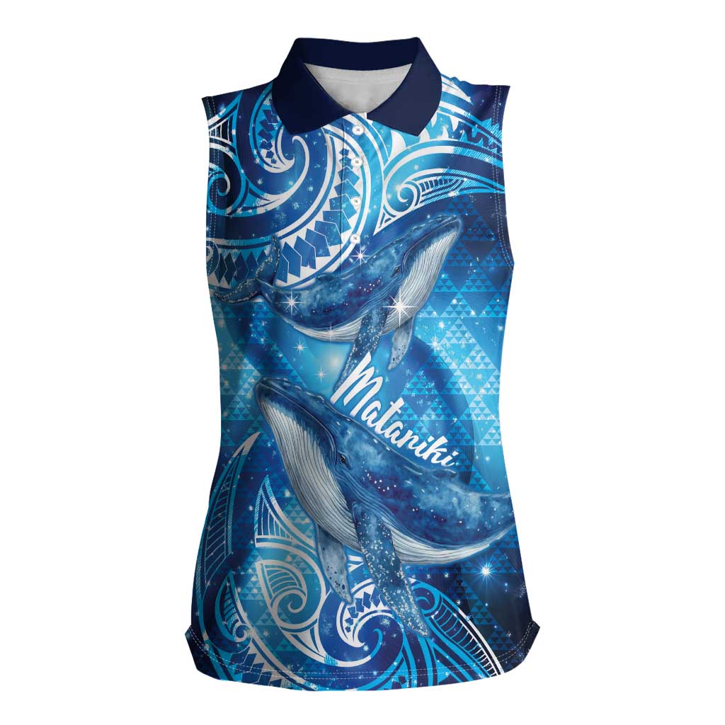 New Zealand Humpback Whale Matariki Women Sleeveless Polo Shirt Maori New Year Taniko Niho Taniwha LT14 Female Blue - Polynesian Pride