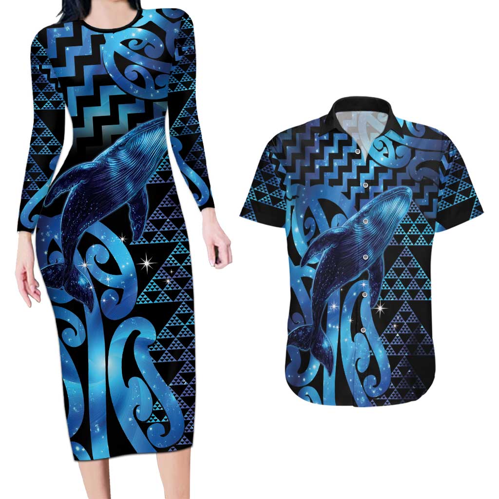 Humpback Whale Matariki New Zealand Couples Matching Long Sleeve Bodycon Dress and Hawaiian Shirt NZ Maori Paikea Poutama Luxury Blue LT14 Blue - Polynesian Pride
