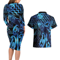 Humpback Whale Matariki New Zealand Couples Matching Long Sleeve Bodycon Dress and Hawaiian Shirt NZ Maori Paikea Poutama Luxury Blue LT14 - Polynesian Pride