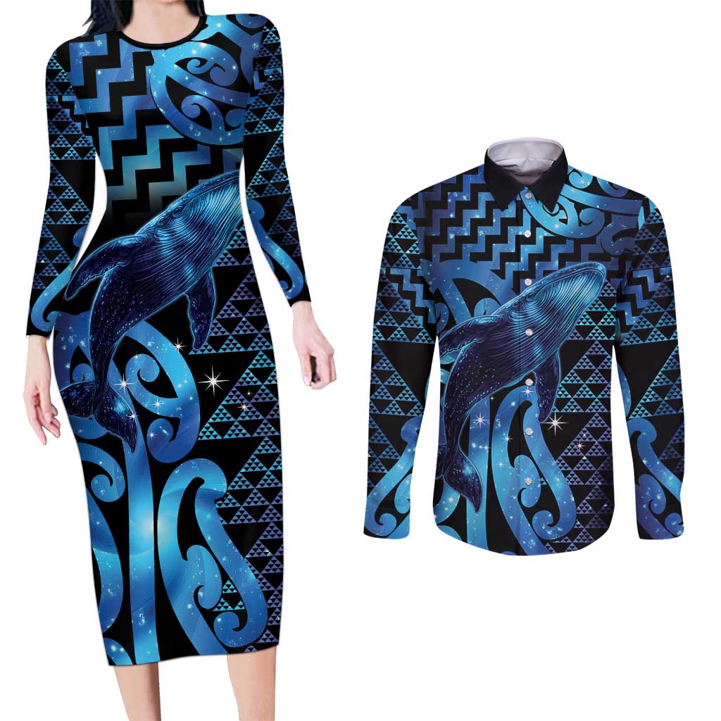Humpback Whale Matariki New Zealand Couples Matching Long Sleeve Bodycon Dress and Long Sleeve Button Shirt NZ Maori Paikea Poutama Luxury Blue LT14 Blue - Polynesian Pride
