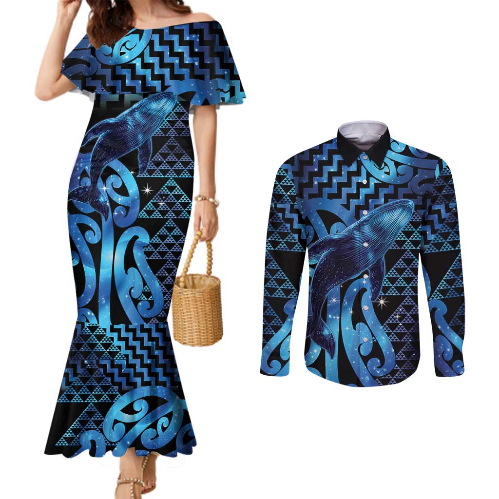 Humpback Whale Matariki New Zealand Couples Matching Mermaid Dress and Long Sleeve Button Shirt NZ Maori Paikea Poutama Luxury Blue LT14 Blue - Polynesian Pride