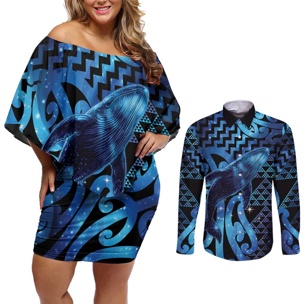 Humpback Whale Matariki New Zealand Couples Matching Off Shoulder Short Dress and Long Sleeve Button Shirt NZ Maori Paikea Poutama Luxury Blue LT14 Blue - Polynesian Pride