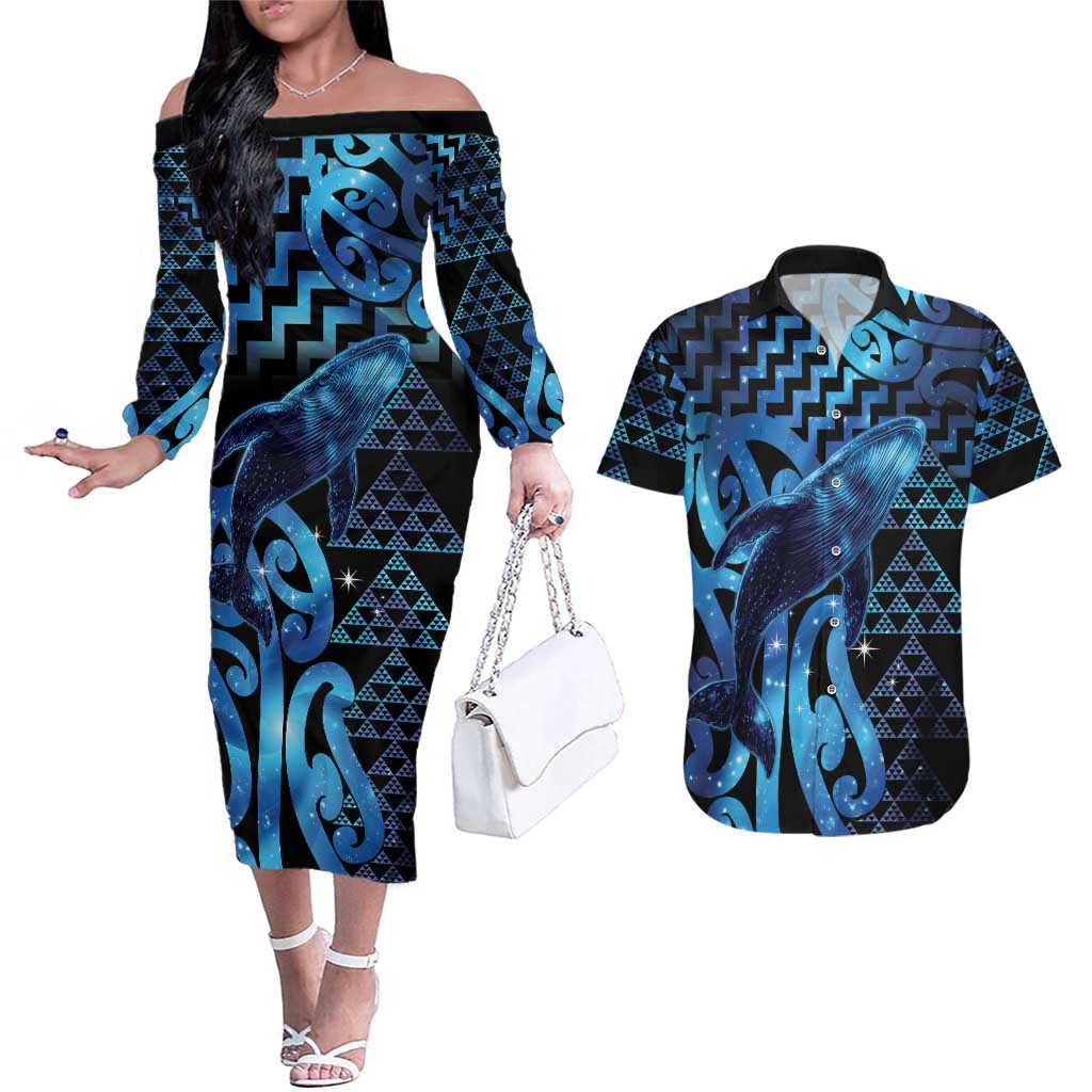 Humpback Whale Matariki New Zealand Couples Matching Off The Shoulder Long Sleeve Dress and Hawaiian Shirt NZ Maori Paikea Poutama Luxury Blue