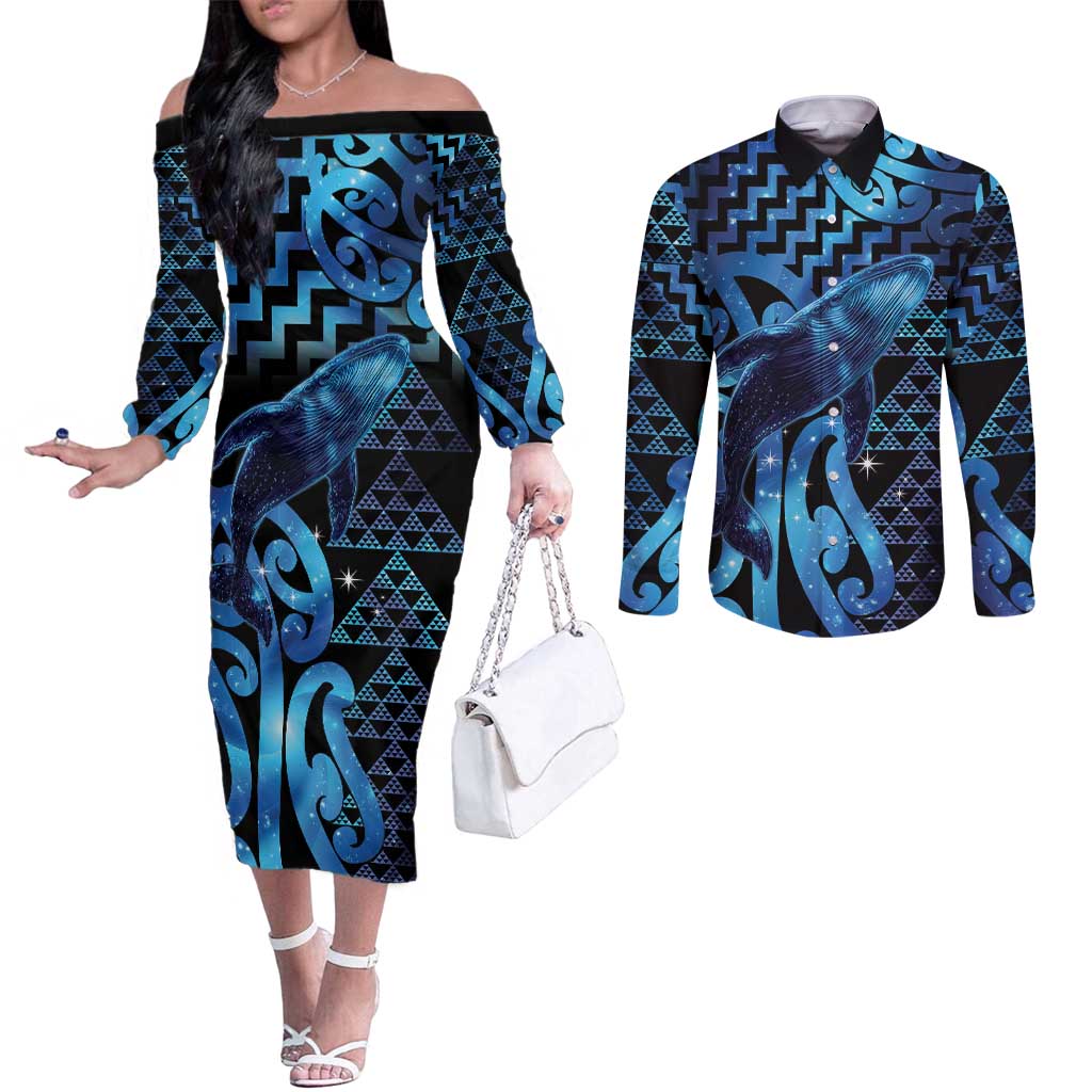 Humpback Whale Matariki New Zealand Couples Matching Off The Shoulder Long Sleeve Dress and Long Sleeve Button Shirt NZ Maori Paikea Poutama Luxury Blue LT14 Blue - Polynesian Pride